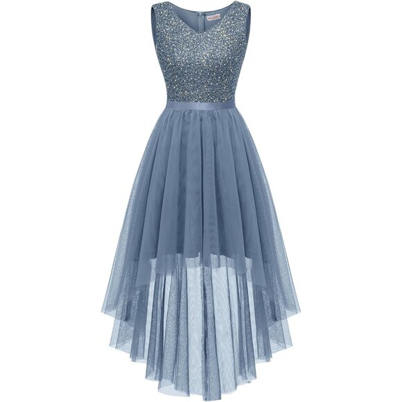 BeryLove Women Tulle Sequin Grey Chiffon Scoop Neck Sleeveless Cocktail Dresses - Picture 1 of 7